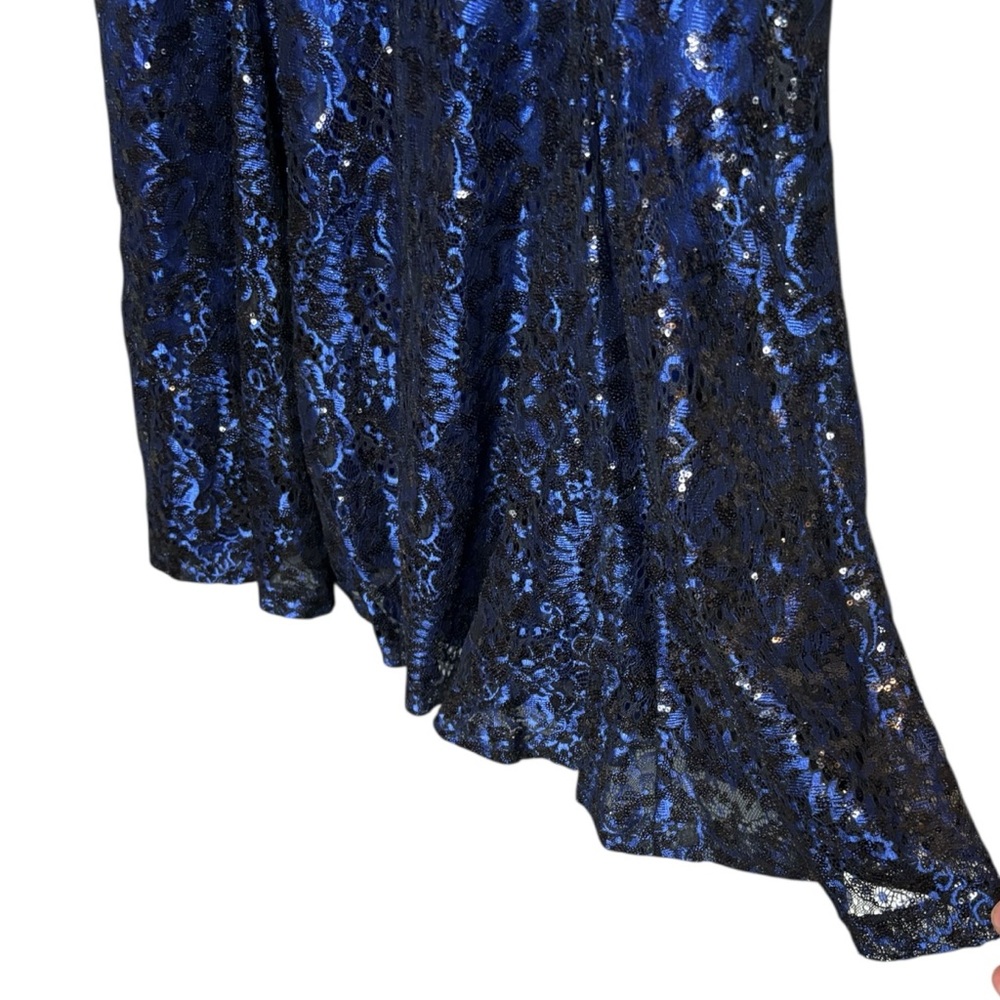 Tahari ASL Blue Black Sequin Embellished Lace Flare Floral Gown Size 6 Formal - Picture 4 of 5